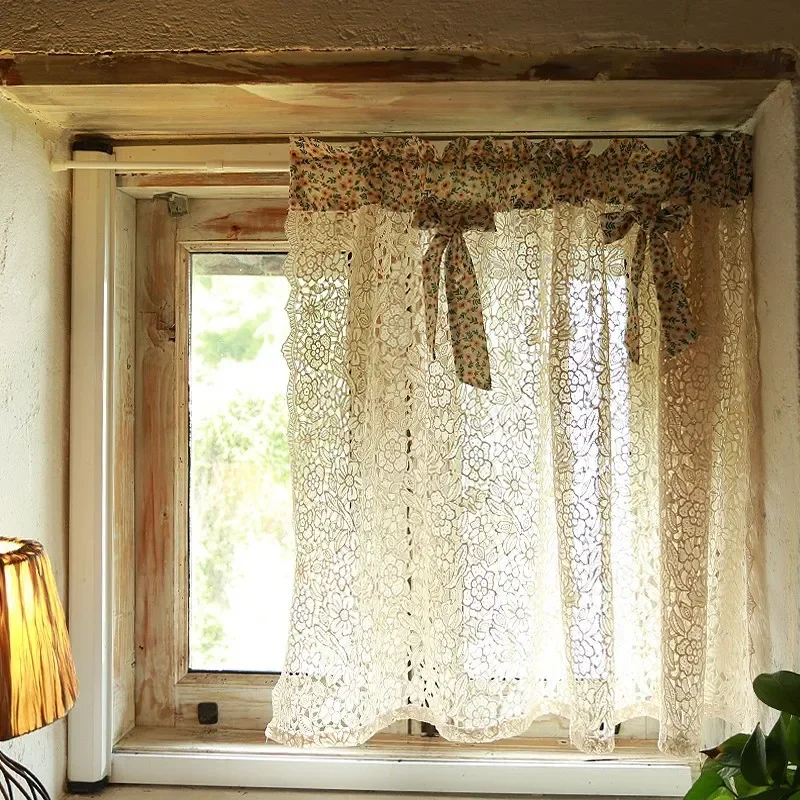 

Kitchen Crochet Curtains Rustic Valance for Window Cafe Semi-Blind Short Door Curtains Cotton Linen Christmas Home Decor 1 Panel