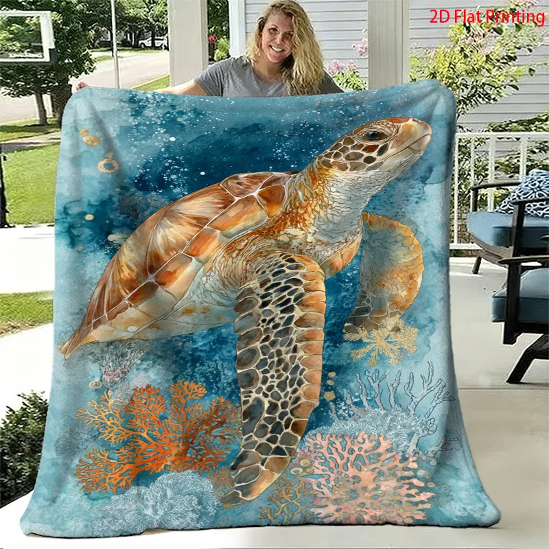 Watercolor Sea Turtle Flannel Throw Blanket, Ocean Coral Turtle Print Soft Blanket for Bedroom Sofa Cozy Home Decor Gift