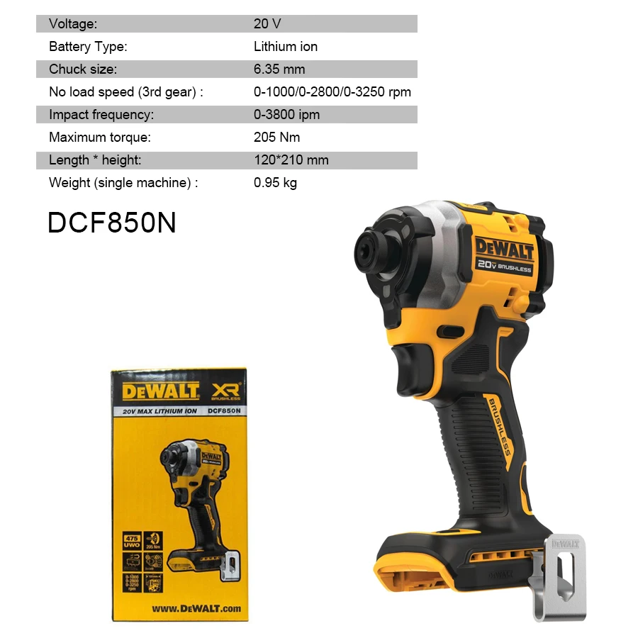 DEWALT DCF850N Electric Drill 20V Electric Screwdriver Impact Driver Lithium-ion 1/4 inches Brushless Rechargeable Power Tool