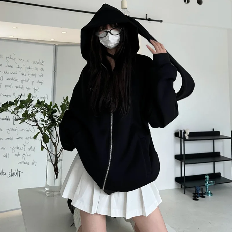 2024ฤดูใบไม้ร่วงKawaii Bunny Big ExtraหูHoodieแขนยาวHooded Sweatshirt Y2Kสไตล์แฟชั่นกระต่ายขนาดใหญ่Zip-Up Hoodies