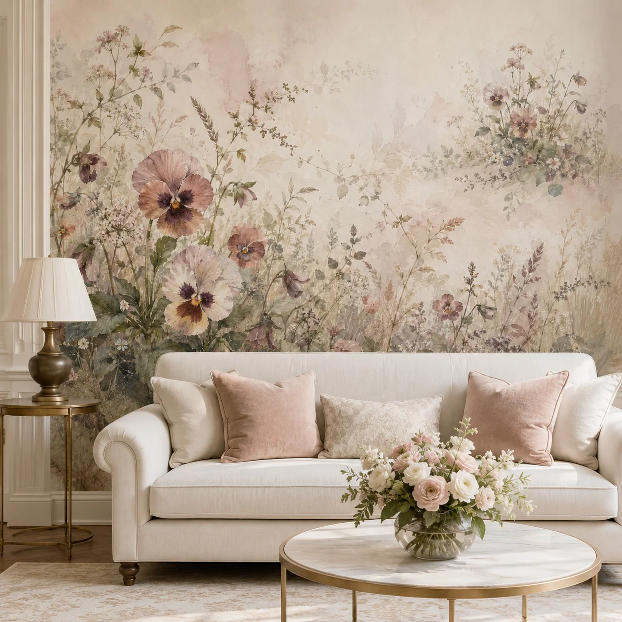 Vintage Pansy Floral Mural Wallpaper Watercolor Wildflower Botanical Wall Art Living Room Non Self Adhesive Glue Required