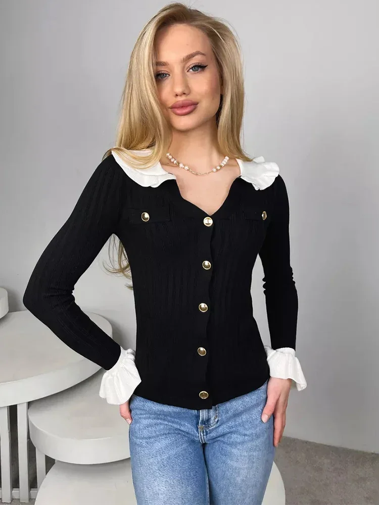 

Trendix Elegant Knit Cardigan Women Fashion Patchwork Ruffle Long Sleeve Commuting Top Female Vintage Slim High Street Sweater