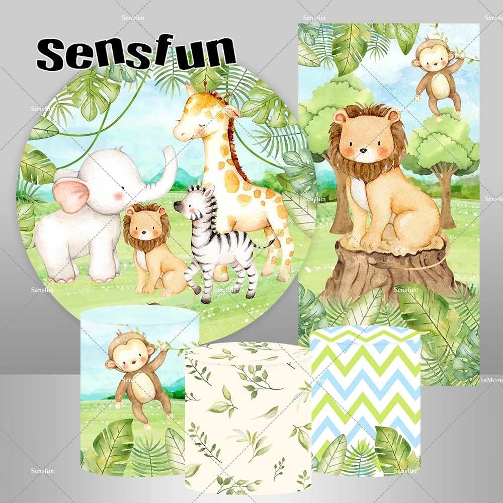 Baby Elephant Lion Zebra Giraffe Round Backdrop Cover for Kids Wild One Safari Jungle Birthday Party Backgrounds Pedestal Covers