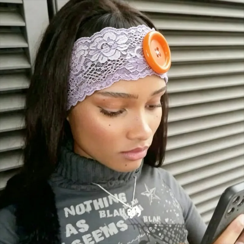 Trendy Lace Wide Headband Sweet Cool Sports Yoga Hair Band Headwear Women Subculture Large Button Sheer Japanese Trendy Headband