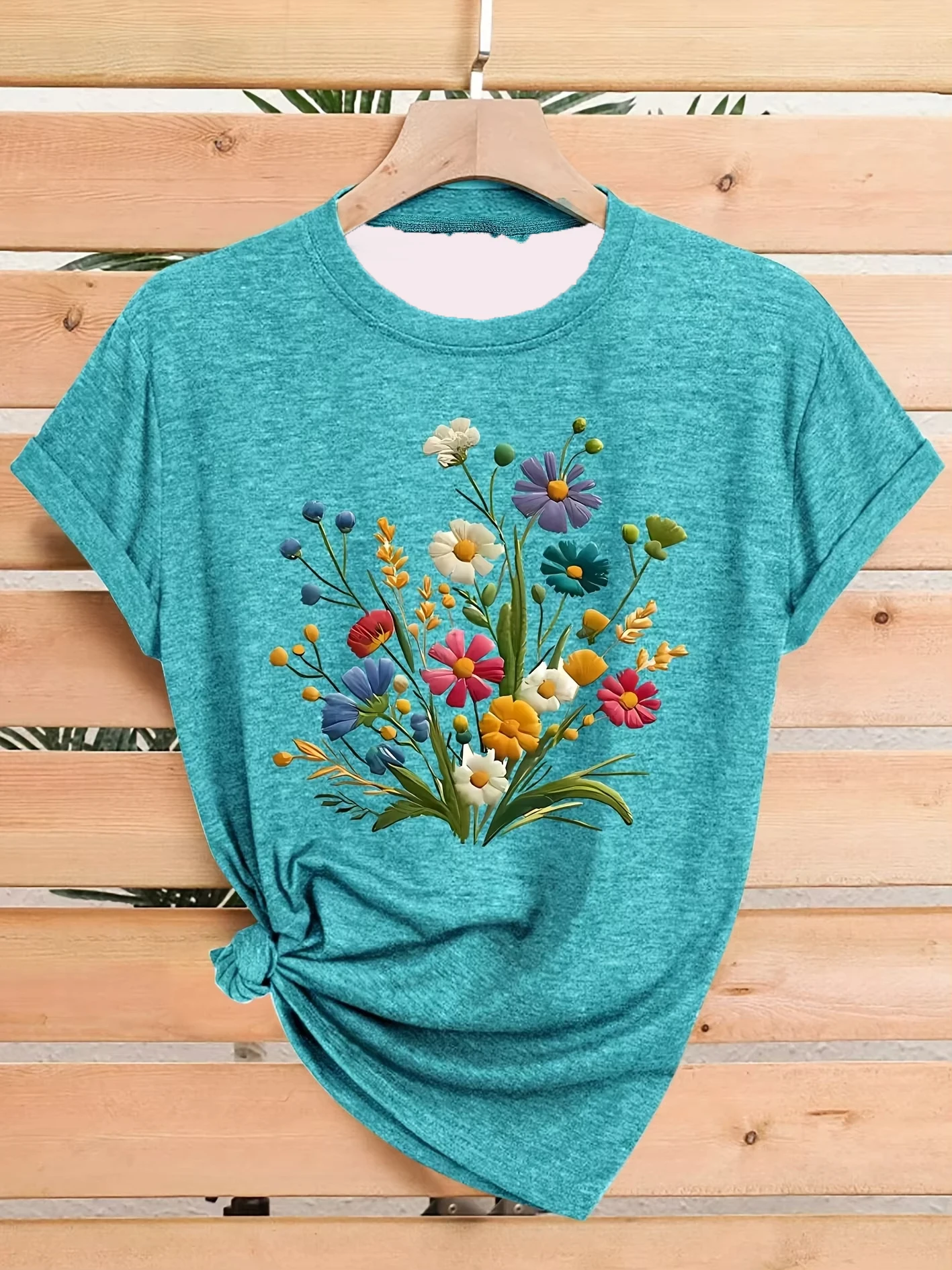 

Plus Size Wildflower Bouquet Women's Tee Colorful Floral Print T-shirt Summer Minimalist Casual Texture High Quality Loose Top