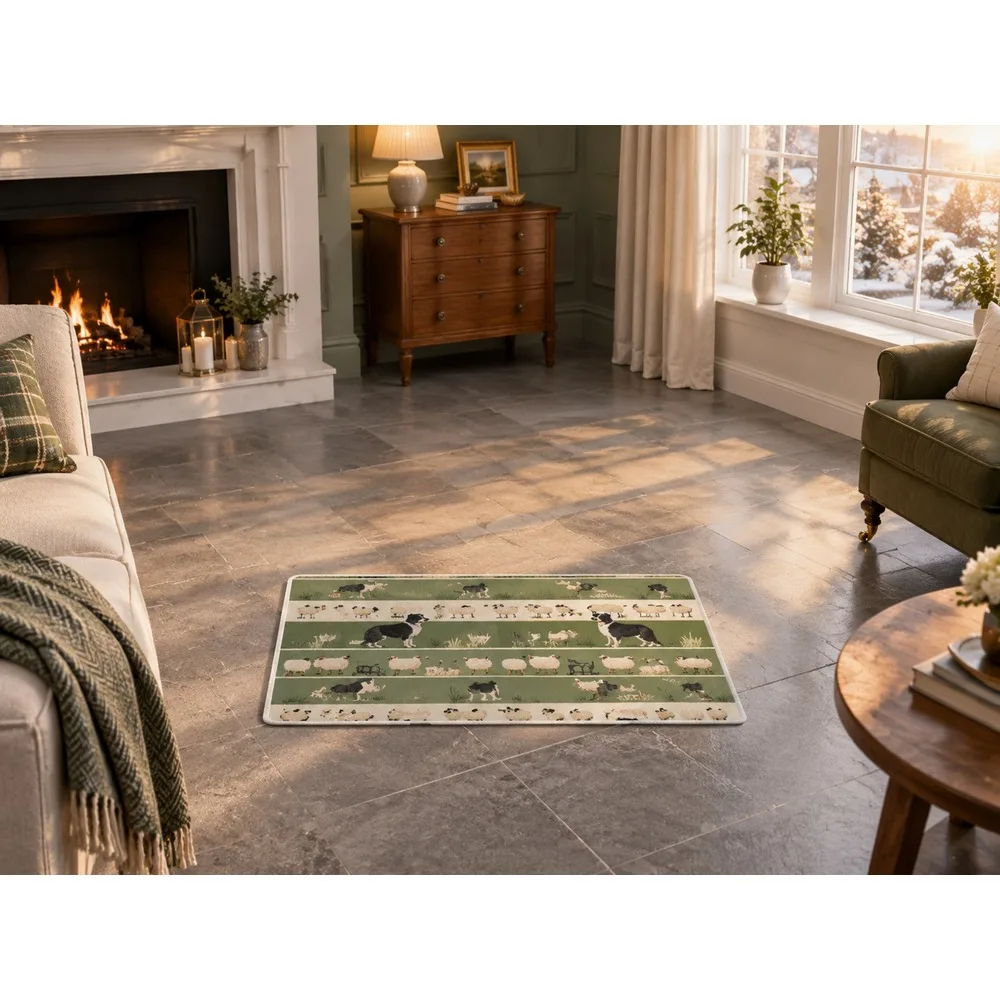 VIKAMA British Sage Cream Sheepdog Flock Flannel Door Mat, Anti-Slip Washable Floor Mat, UK Home Decor for Hallway, Front Door