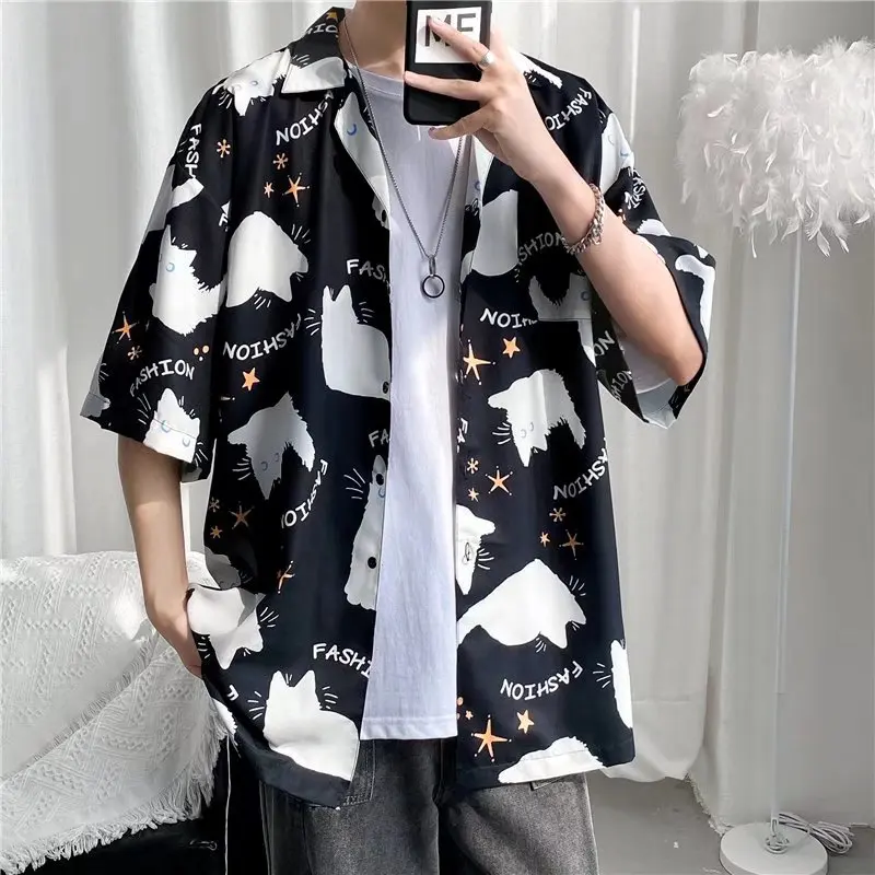 Summer High Quality Mens Shirt 3D White Cat Printed Short Lapel Sleeve Big Size Hawaii Men Clothing Beach Design Shirts 2023