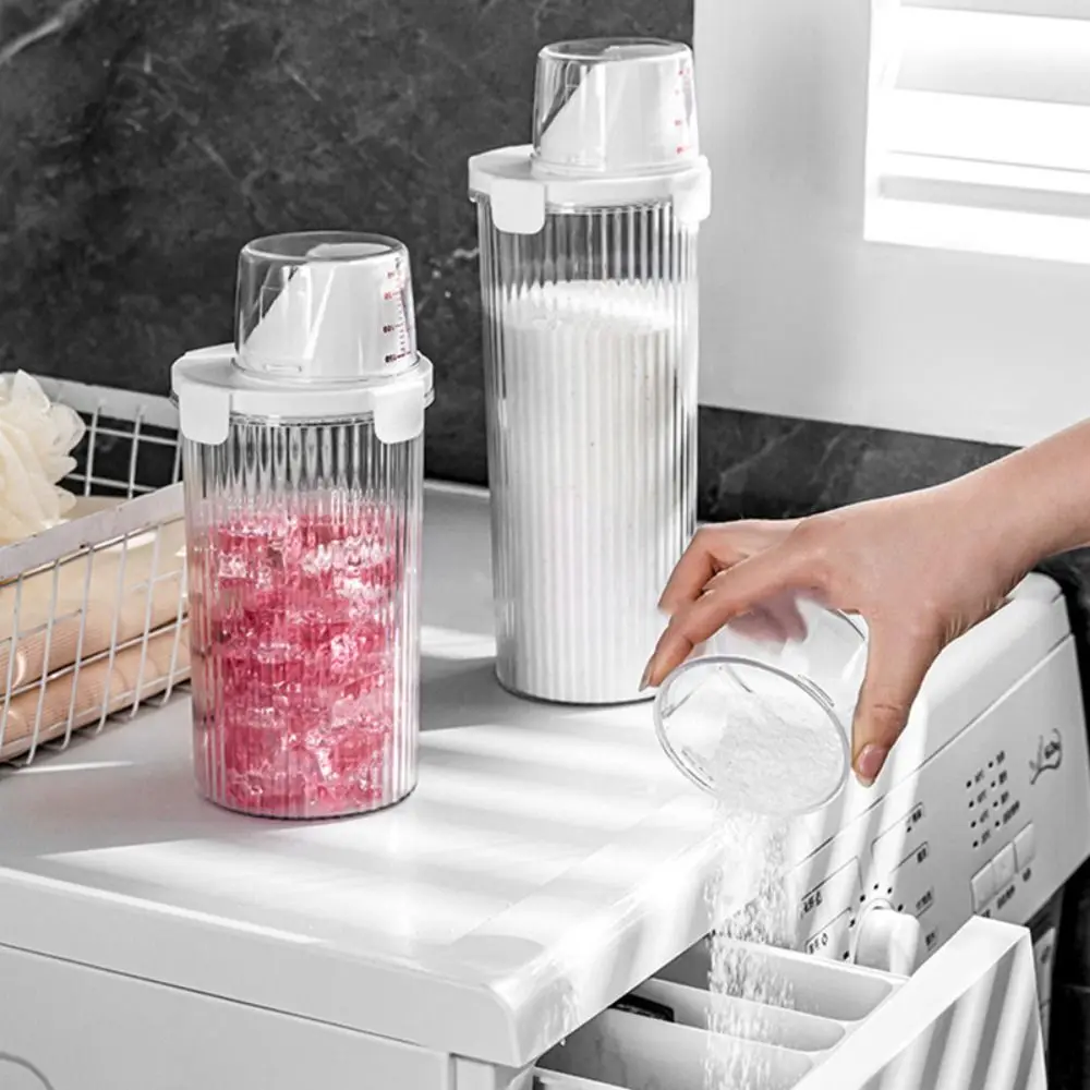 Transparent Laundry Detergent Dispenser Bottle Sealed with Measuring Cup Laundry Powder Storage Box Multipurpose Sealed