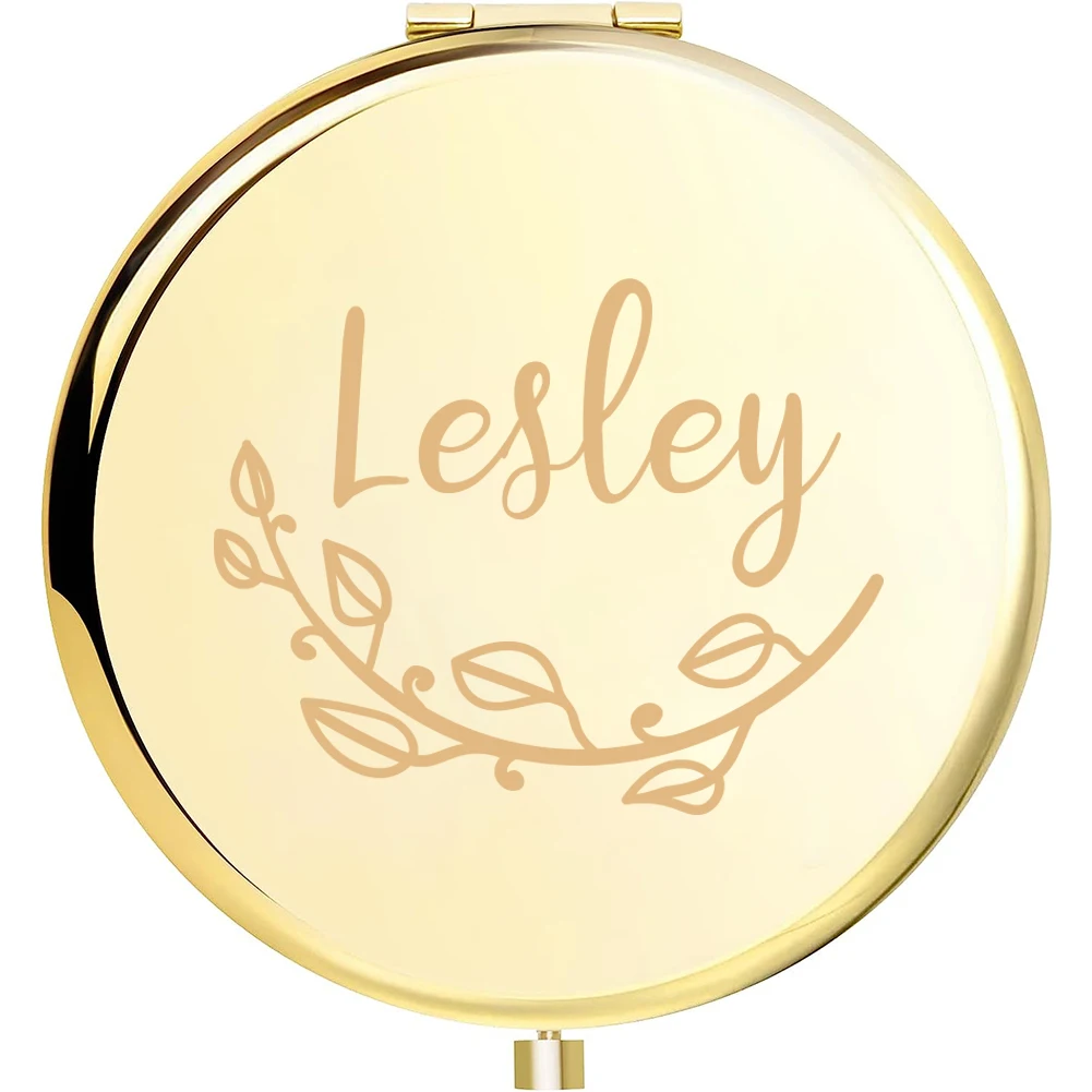 1pc Funny leaves Customized Name Fold Mirror Round Circle Mirror Makeup Mirror Pocket Mirror Wedding Party Gifts
