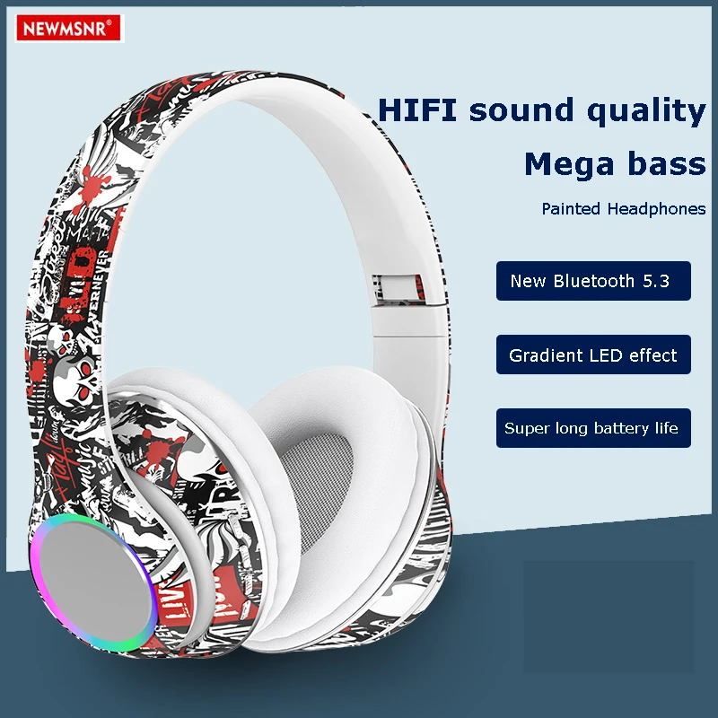 #New Colorful Graffiti Headphones LED Wireless Bluetooth Headsets Hifi Stereo Foldable Gamer Earphones Noise Reduction Handsfree