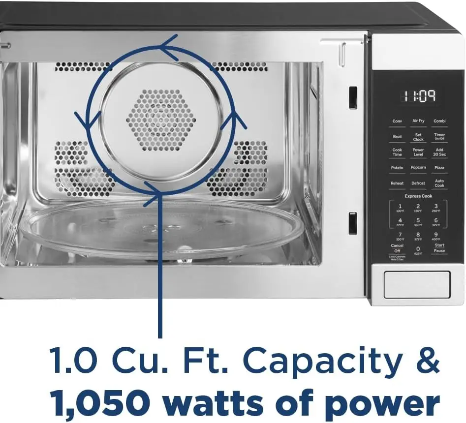 Oven Microwave meja 3-in-1 GE, lengkap dengan penggorengan udara, Broiler & Mode konveksi, kapasitas kaki kubik 1.0, 1,050 watt