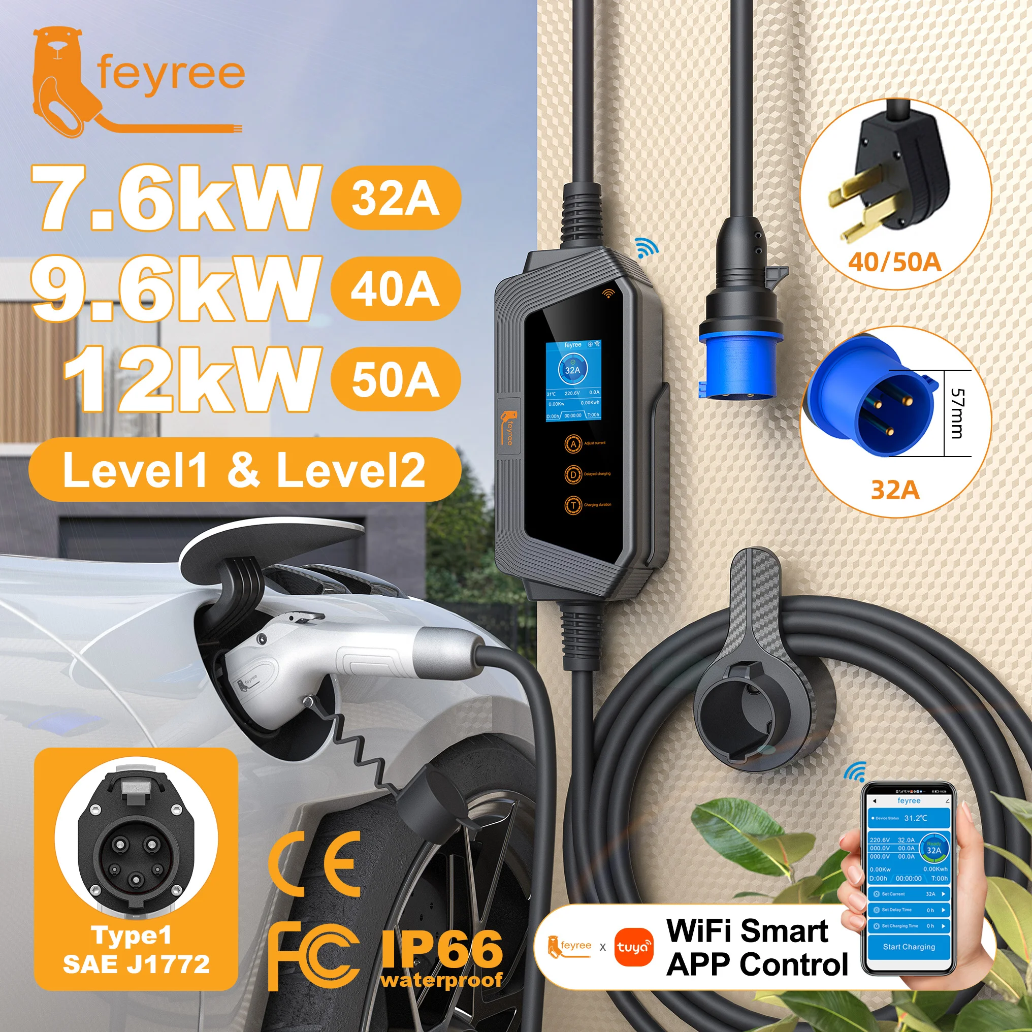feyree Type1 32A 1Phase Portable EV Charger J1772 Socket Fast Charging Smart APP WIFI Control Version for Electric Car Charger
