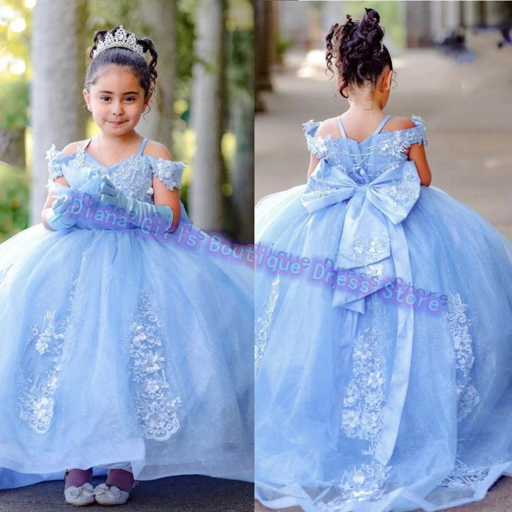 Elegant Flower Girl Dress Wedding Gowns Decal Tulle Bow Party Little Baby Girls Birthday Pageant Robe Holy Evening Dresses