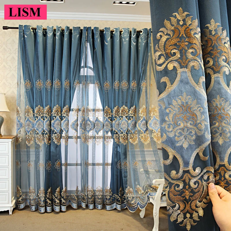 

European Style Cloth-yarn Integrated Curtains Velvet Pasting Embroidered Yarn Bedroom Living Room Blackout Blue Tulle Custom Set