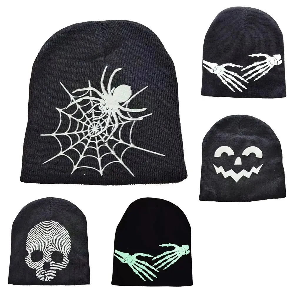 Fashion Knitting Caps Men Women Halloween Gothic Luminous Spider Web Skullies Beanies Winter Warm