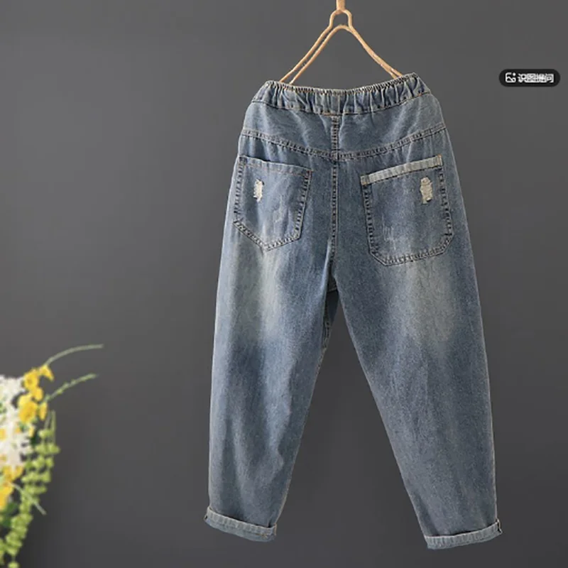 2026 Spring New Korea Fashion Patch Designs Cartoon Embroidery Loose Women Jeans Elastic Waist Casual Cotton Denim Harem Pants