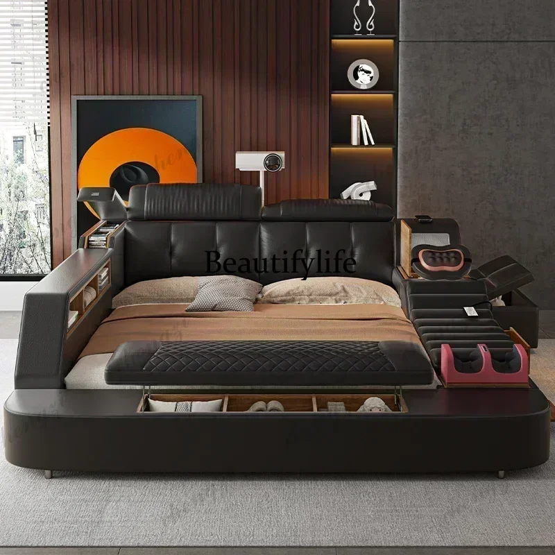 07 Black King Size Frame Double Bed With Drawers Storage Multifunction Massage Bed Storage Modern For Camas De Dormitorio