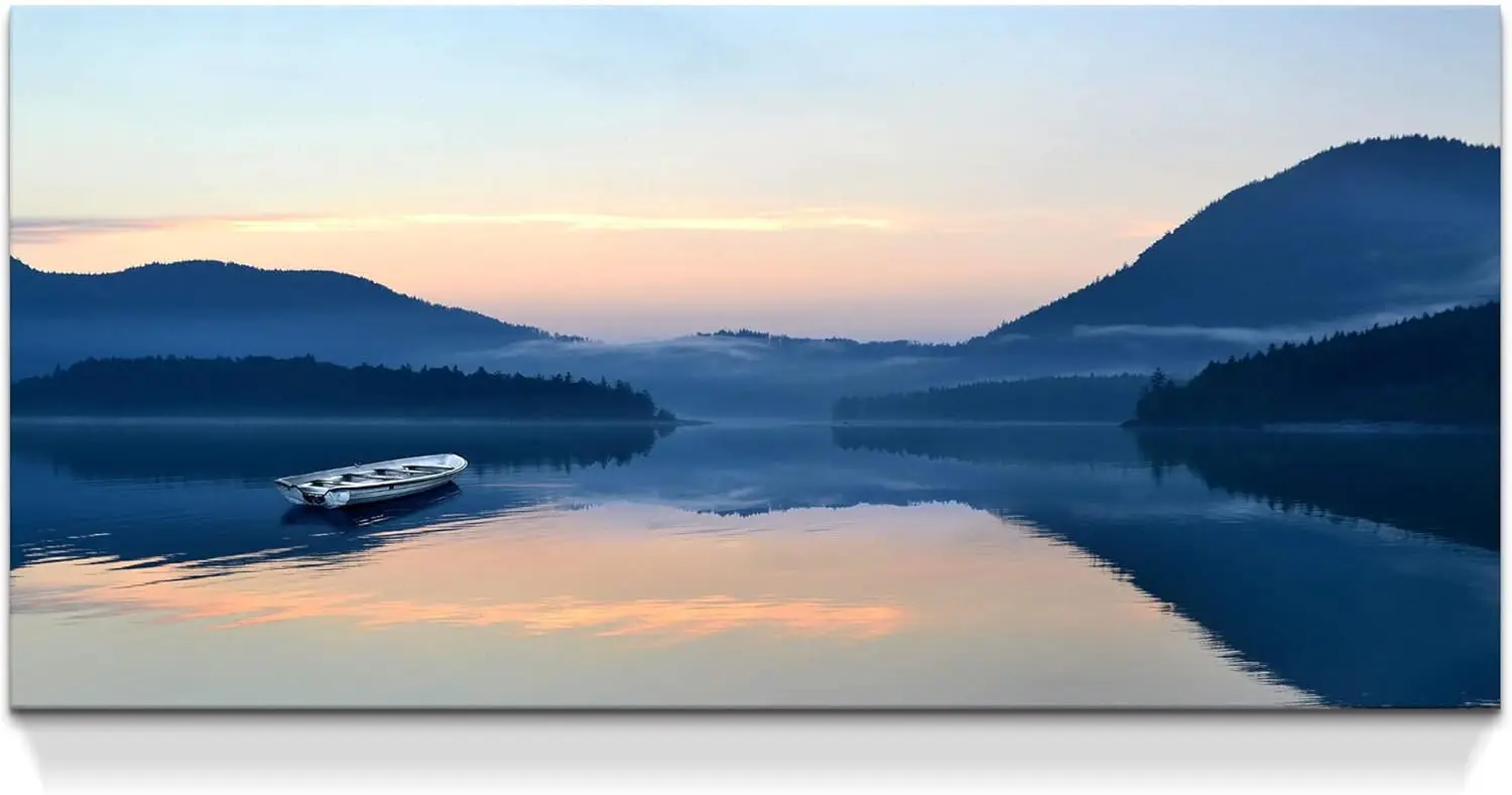 

Blue Lake Mountain Sunset Wall Art - Sunrise Canvas Painting for Bedroom and Living Room Decor
