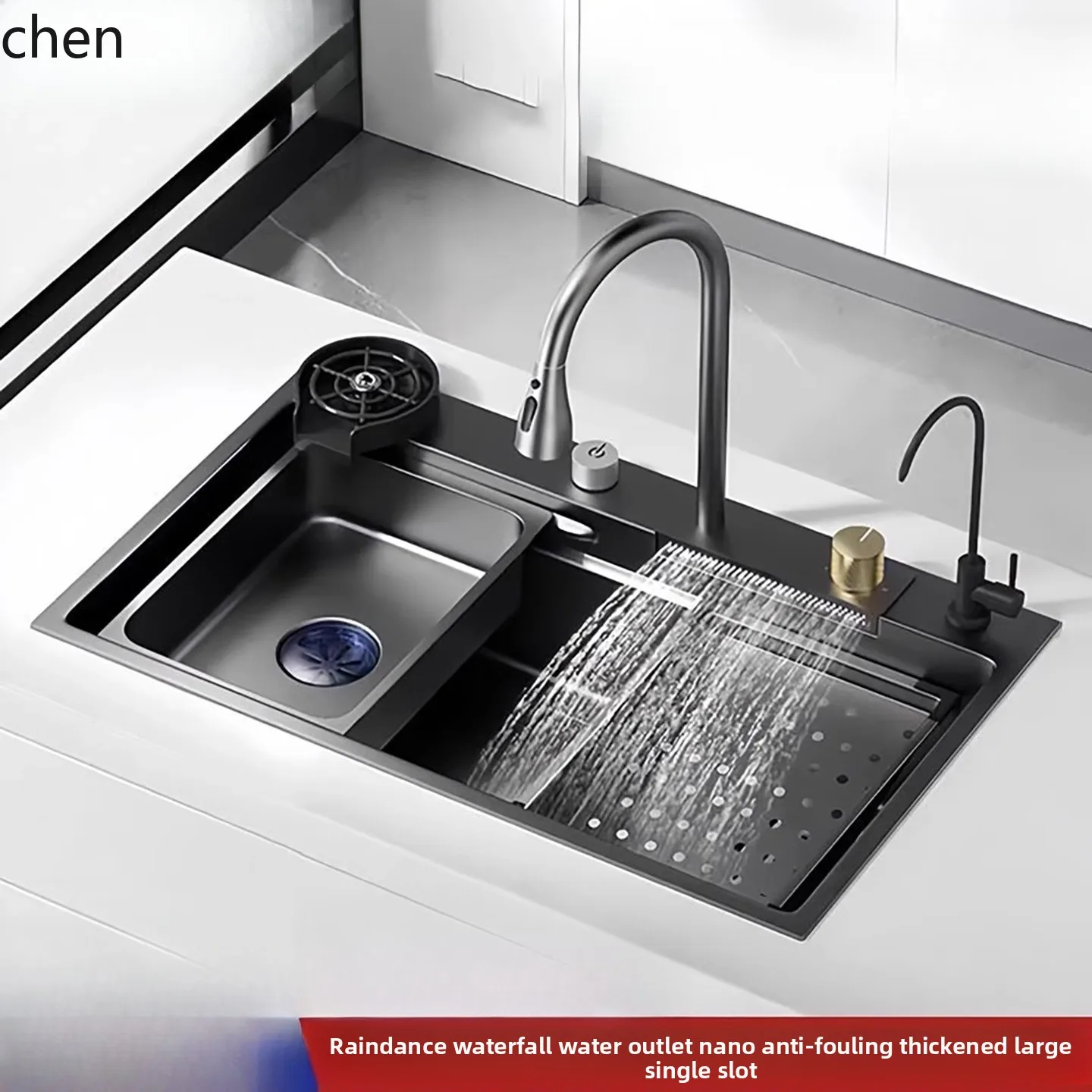 

HTT Large Single Bowl Rainfall Waterfall Sink Nano Stainless Steel Household Vegetable Washing Basin Dishwashing Sink Countertop