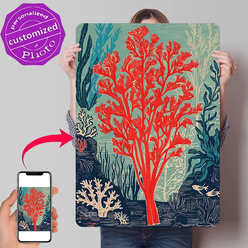 Underwater Red Coral Reef Illustration Metal Poster Perfect Gift for Fans Lovers Customized Wall Art Metal Sign for Wand Deko
