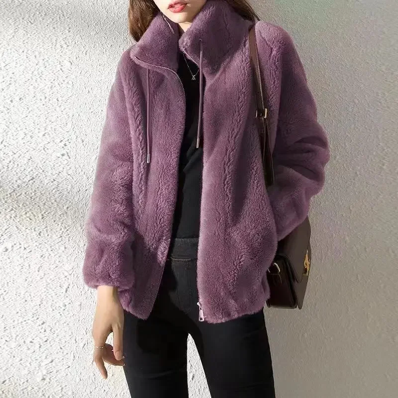 Nagodo Autumn Winter Faux Fur Plush Coat Women Zipper Short Jacket with Pocket Plus Size Fashion Double-sided Velvet Coats 6XL