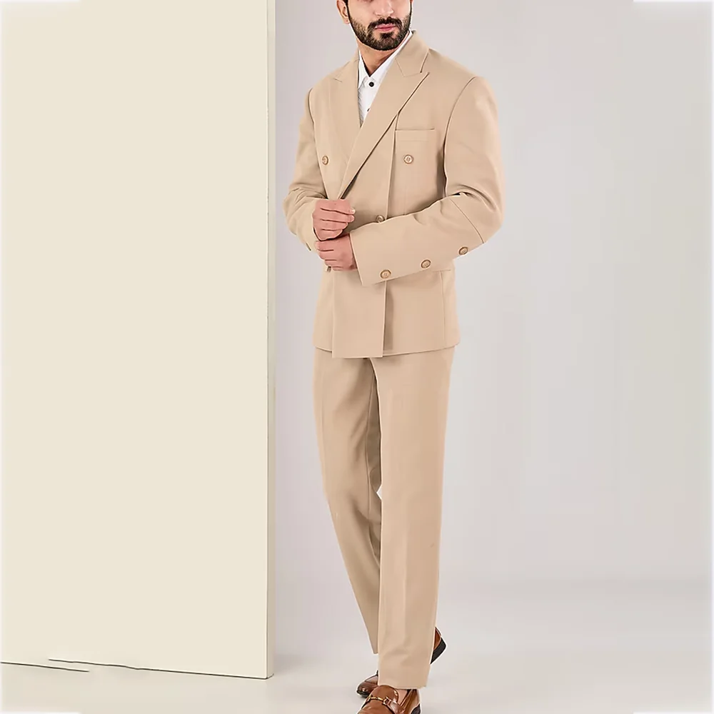 

Khaki Men Suits Stylish Peak Lapel Double Breasted New Arrival Male Clothing 2 Piece High Quality Business Casual Man Set