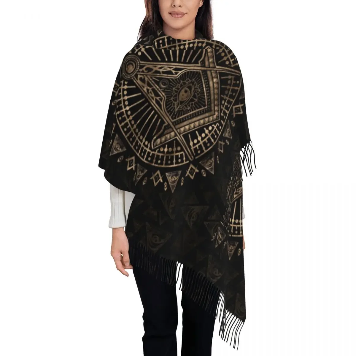 Stylish Freemasonry Symbol Tassel Scarf Women Winter Fall Warm Shawls Wraps Female Mason Scarves