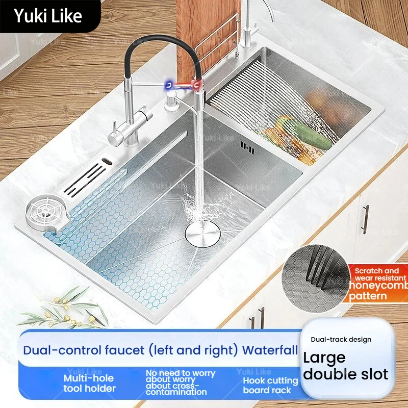 

Silver 304 Stainless Steel Kitchen Sink Divided Cleaning Compartments Large Double Slot Household Waterfall Wash Vegetable Basin