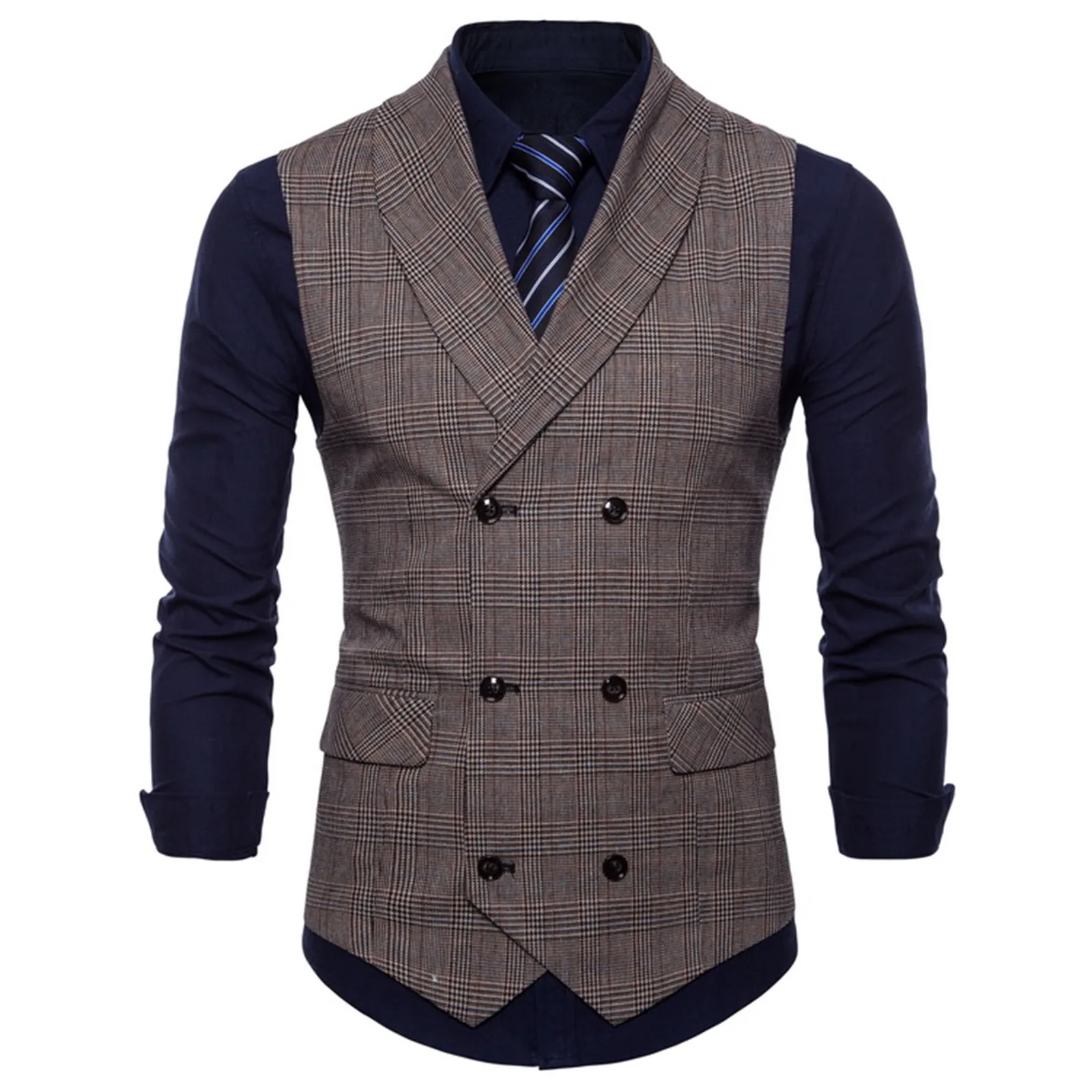 Men Business Suit Vest Sleeveless Double Breasted British Style Plaid Waistcoat Slim Fit Men Suit Formal Blazers Waistcoat