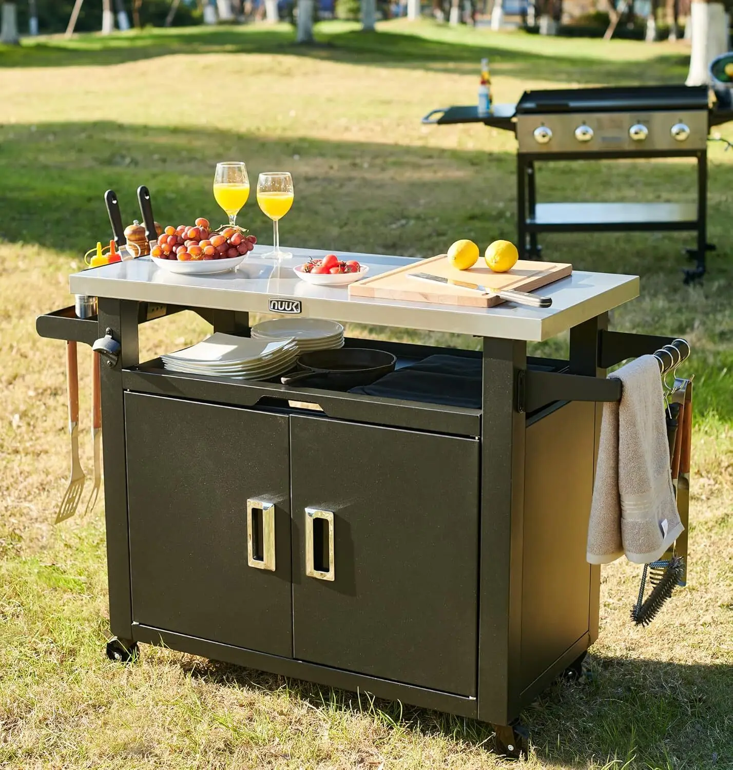 Carrello da portata per barbecue e isola da cucina per esterni da 42 pollici, con tagliere in legno resistente e supporto per serbatoio di propano