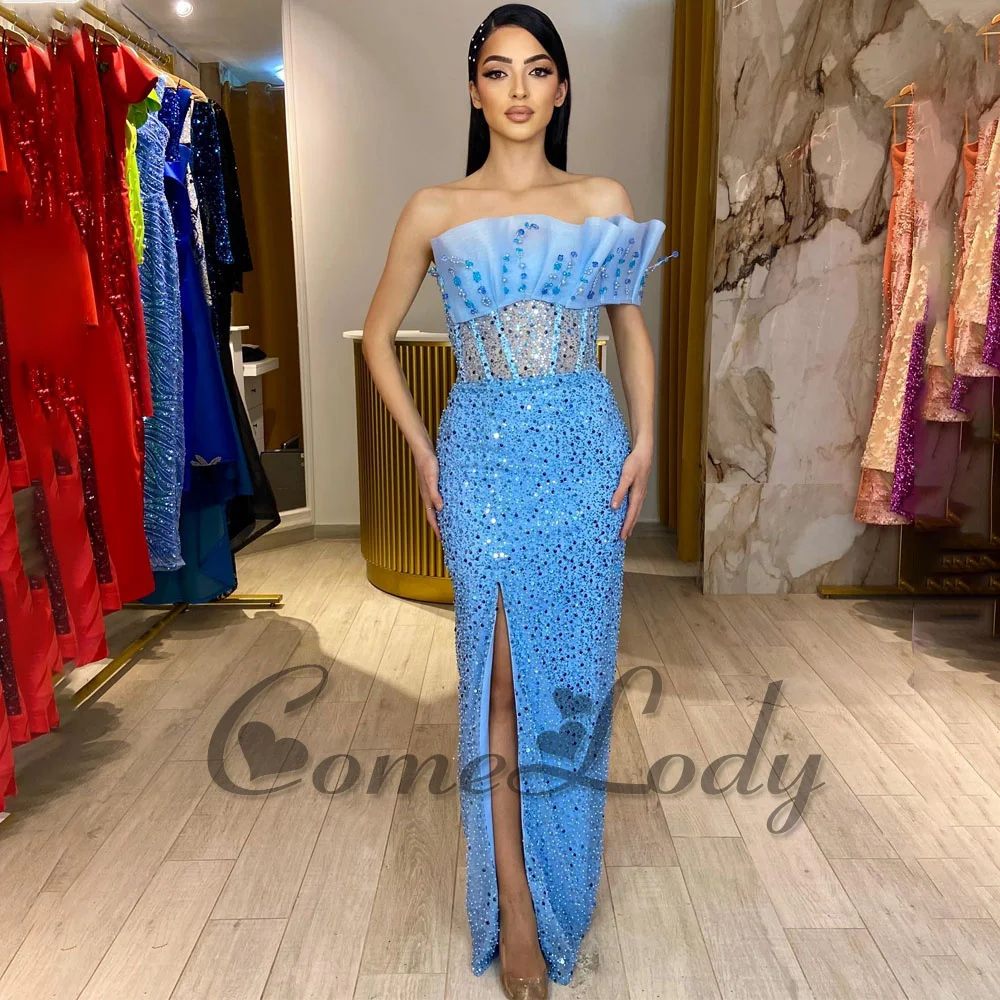 

Comelody Shiny Scalloped Neck Prom Dresses for Women Sleeveless Slit Crystals Sequins Vestidos de Graduación Made To Order