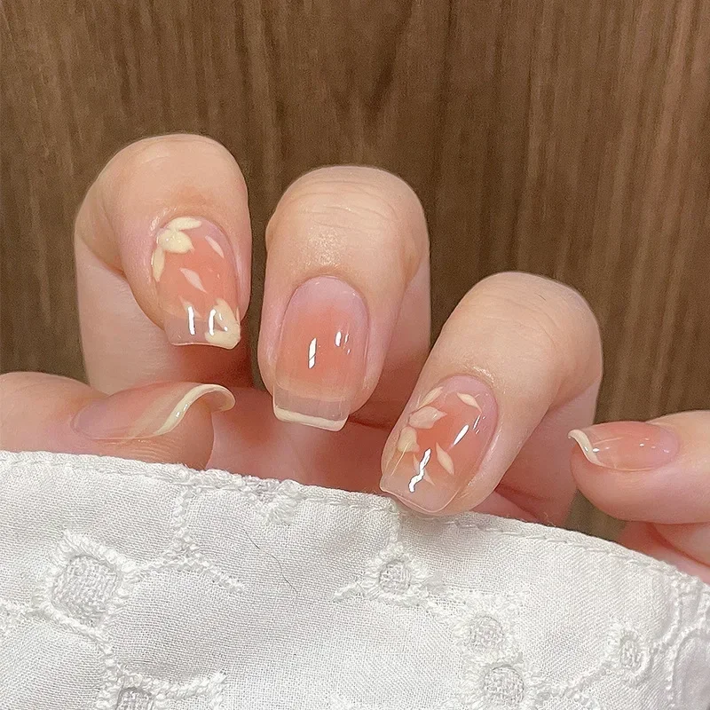 24 Stks/doos Abrikoos Camellia Nep Nagels Pers Op Valse Nagel Tips Met Lijm Sticker Set Art