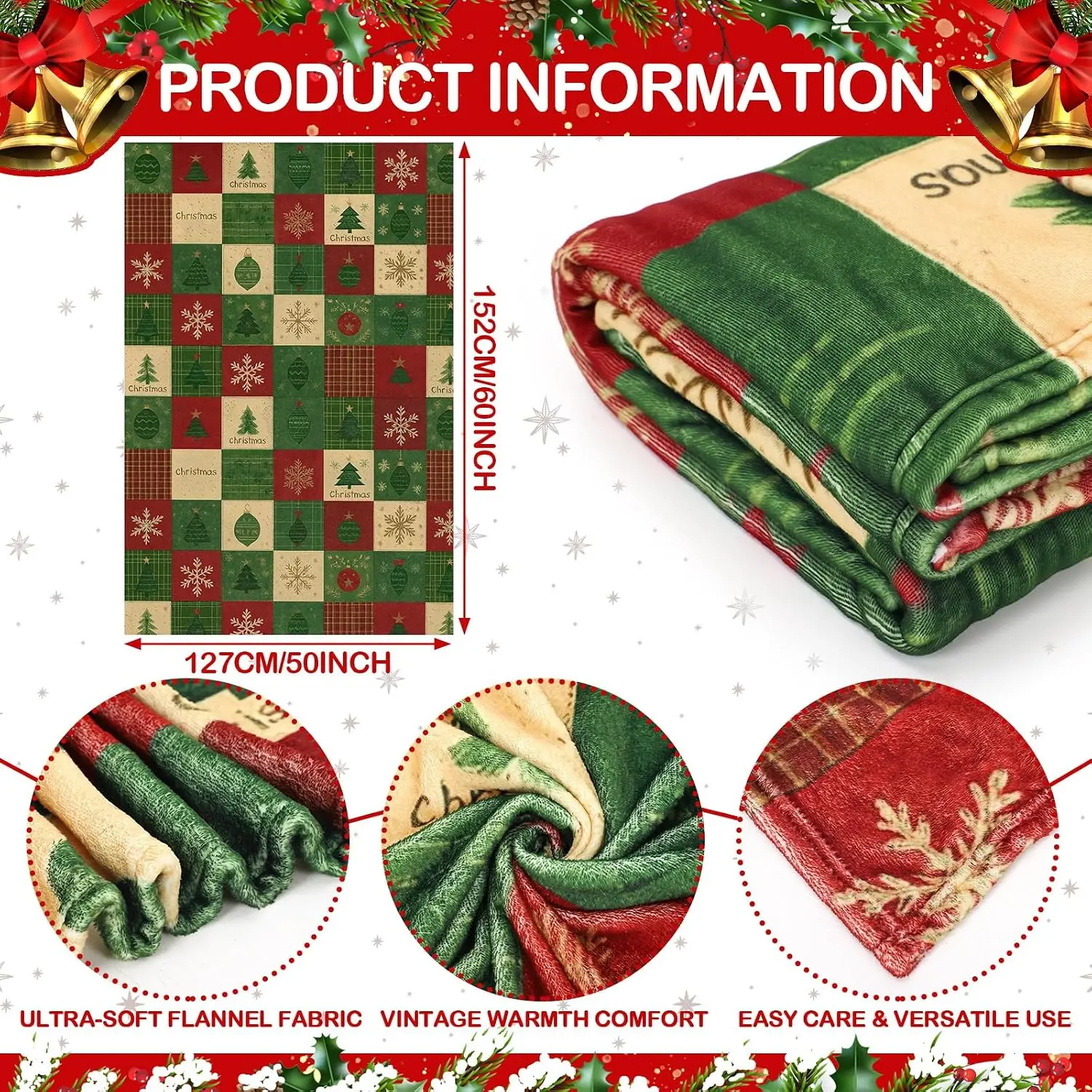 HunnmingRe Christmas Flannel Blanket Throw Red Green Checkered Blanket Christmas Tree Snowflake Soft Fuzzy Cozy Throw for Couch Bedroom Sofa Travel Bed Xmas Decor, 50 x 60 Inch
