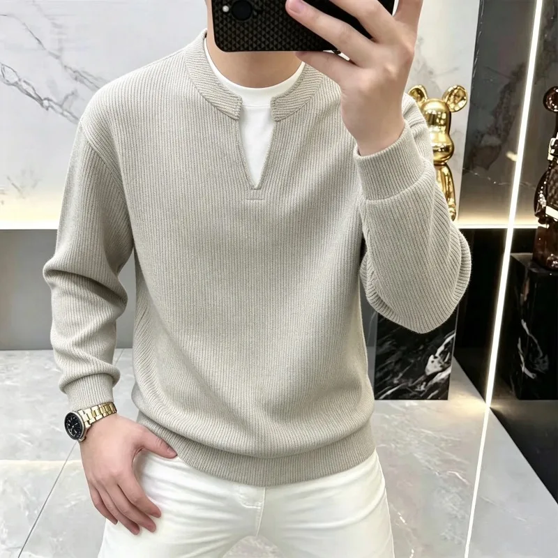 Autumn V-neck Fake Two Loose Casual Hoodies Pullover Versatile Business Sweatshirts Hip Hop Harajuku Streetwear Men Clothing