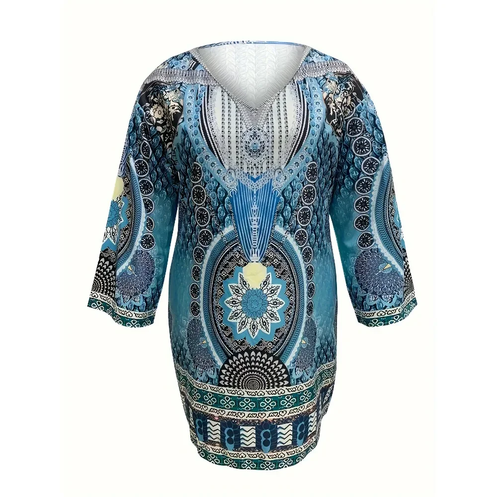 Sukienka damska plus size 1XL-5XL, długa, z długim rękawem, w etniczne wzory, jesienna, codzienna, z dekoltem w serek, idealna na imprezę.
