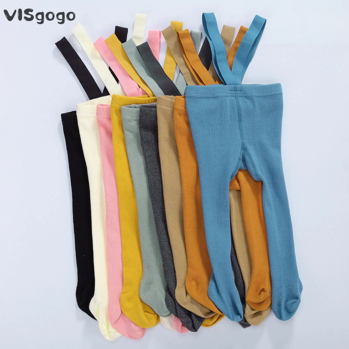 VISgogo Infant Newborn Suspender Pantyhose Baby Girls Boys Spring Autumn Cute Solid Color High Waist Ribbed Knit Tights Leggings