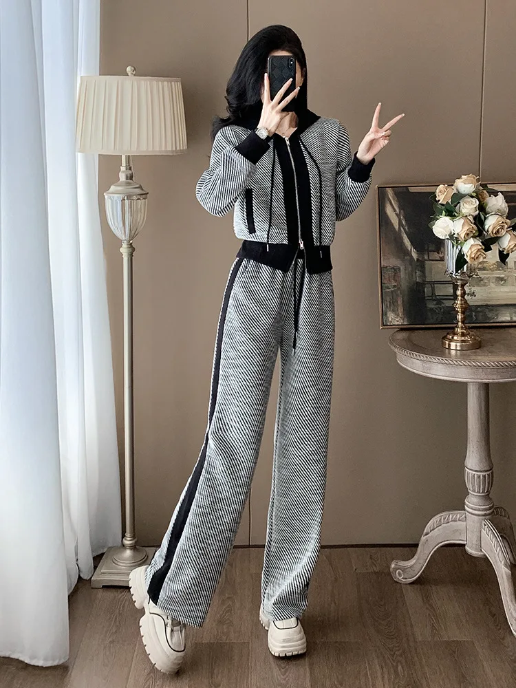 Spring New Women Hooded Sweatshirt Wide Leg Pants Two Piece Running Set Outdoor Sportswear Tracksuit Lady Training Jogging Sets