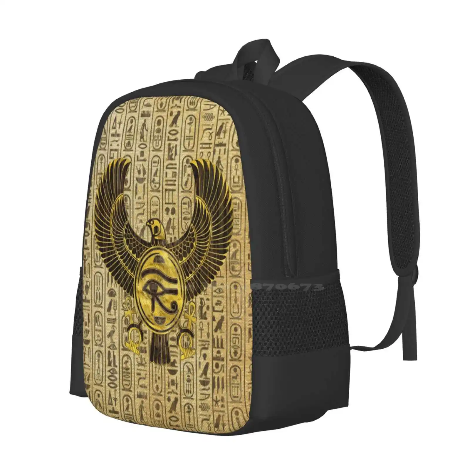 Mochila con diseño de Ojo de Horus egipcio para estudiantes universitarios, morral con diseño de Ojo de Horus, Wadjet de oro y madera para adolescentes, Uadjet