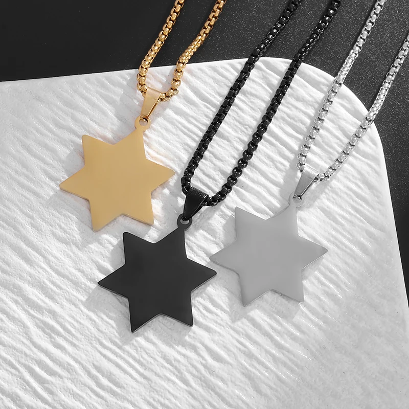 Exquisite Stainless Steel Glossy Simple Six-Pointed Star Star of David Pendant Necklace Men Women Lucky Star Jewelry Gift