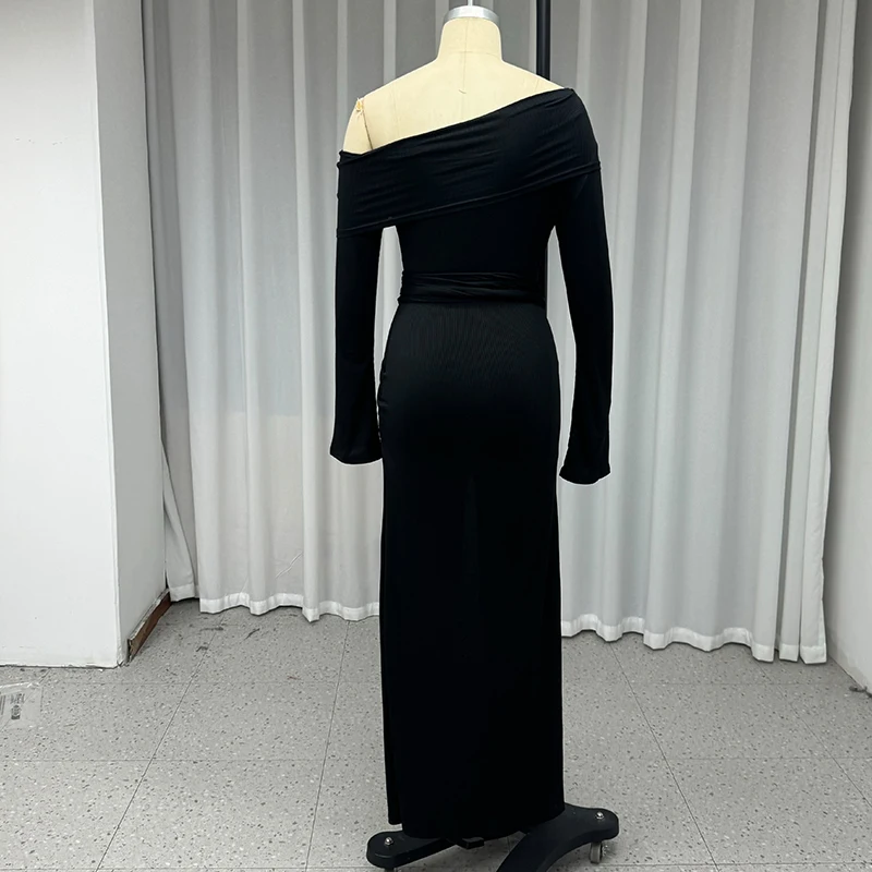 Ellafads Autumn Fashion Women Long Dress Solid One Shoulder Long Sleeve Nipped Waist Tie-Strap Slit Irregular Black Dresses