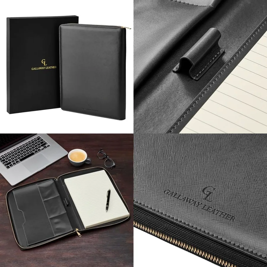 

Genuine Leather Zippered Portfolio Organizer, Executive Business Binder Padfolio for Men and Women, Holder for Notebook Planner