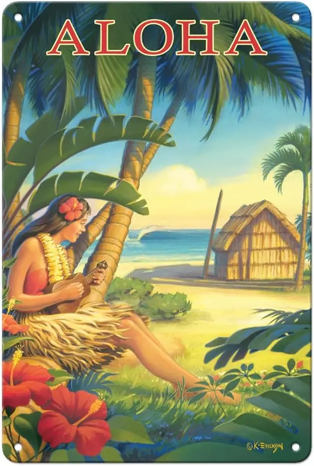 Aloha - Hawaii - Hula Dancer with Ukulele - Vintage Hawaiian Travel Poster by Kerne Erickson - 8 x 12 inch Vintage Metal Ti sign