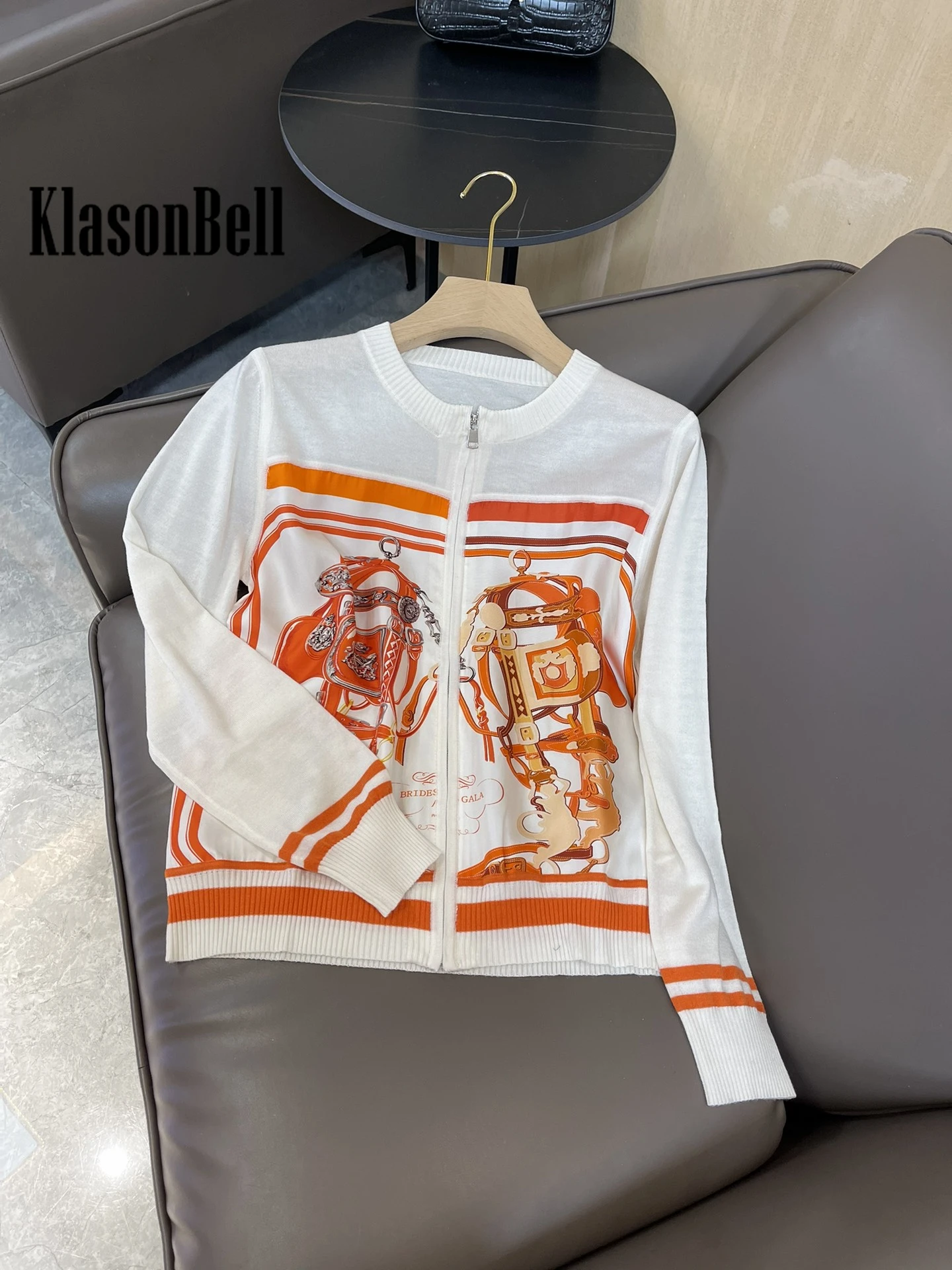 9.26 KlasonBell Vintage Silk Art Pattern Print Spliced Zipper Thin Knitted Cardigan Women