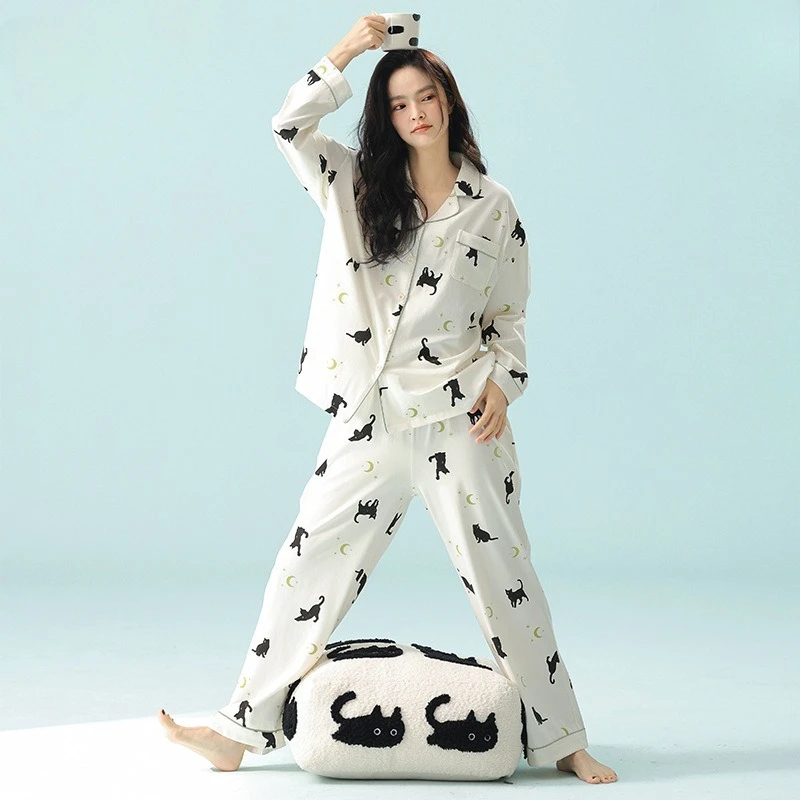 

Spring New Comfortable Antibacterial Pajamas Women's Pure Cotton Long-sleeved Cartoon Pull-frame Cotton Loungewear Set