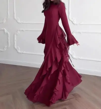 

Women's Dress 2025 Fashion Latest Hot Selling New Women's Flared Sleeves, Ruffled Edges, Waist Cinched Red Elegant Long Skirt