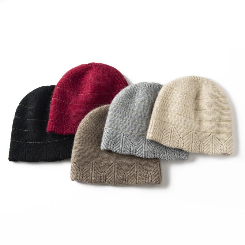 100 Cashmere Handmade Openwork Beanie Hat with Sequin Women Hand Crochet Flower Casual Hat Warm Soft Elegant Lady Knit Cap