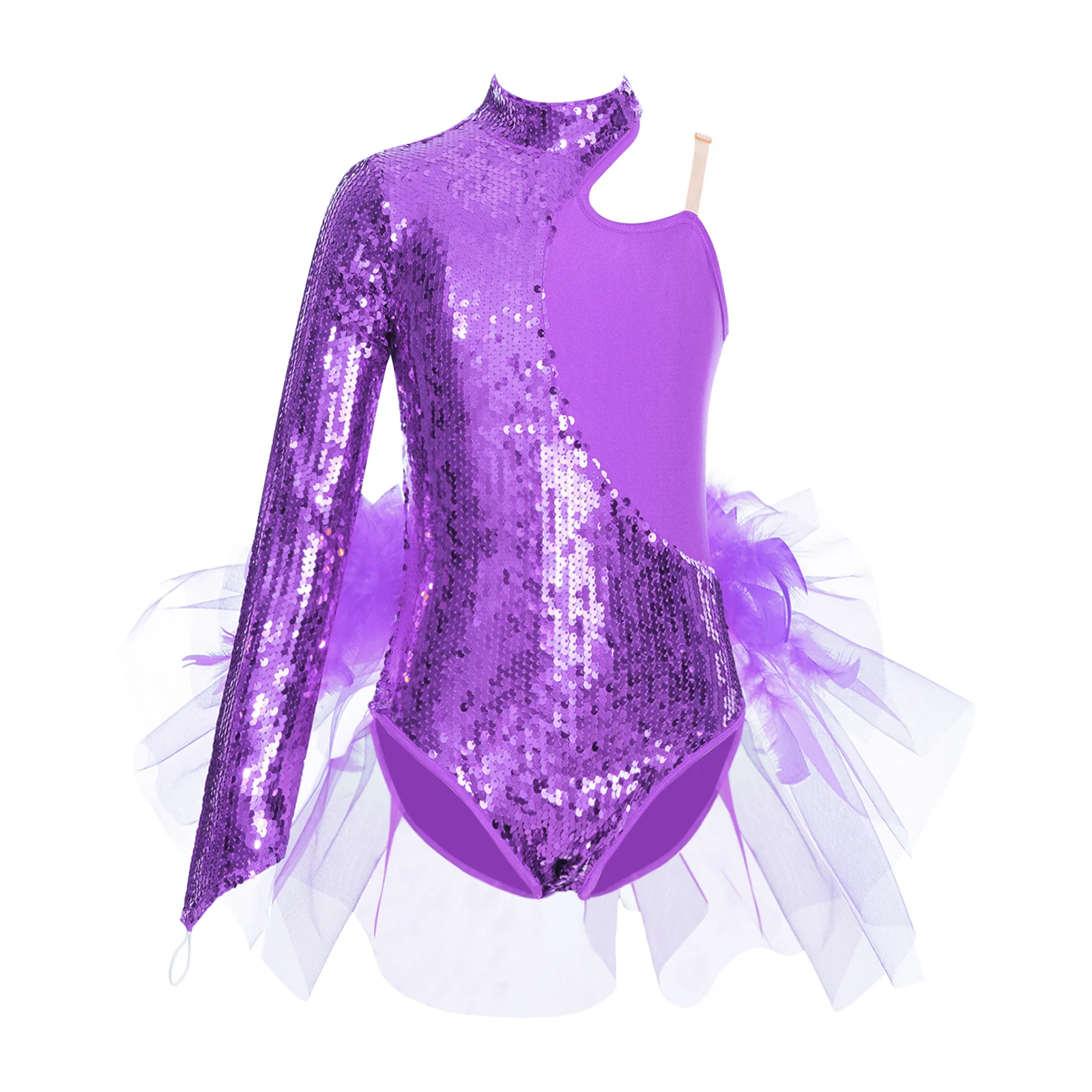 

Kids Girls Sparkly Sequins Gymnastics Leotard Ballet Jersey Jazz Dance Performance Costume Feather Tulle Figure Skating Jumpsuit