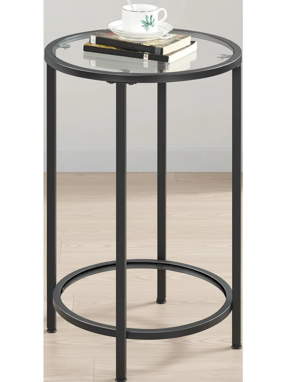 

Modern Round Glass End Table with Metal Frame, Small Coffee Accent Nightstand for Living Room Bedroom Balcony Porch
