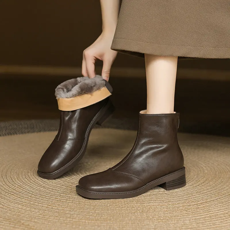 

Шерстяные женские зимние ботинки, теплые современные ботинки из натуральной кожи с круглым носком, модная зимняя плюшевая обувь