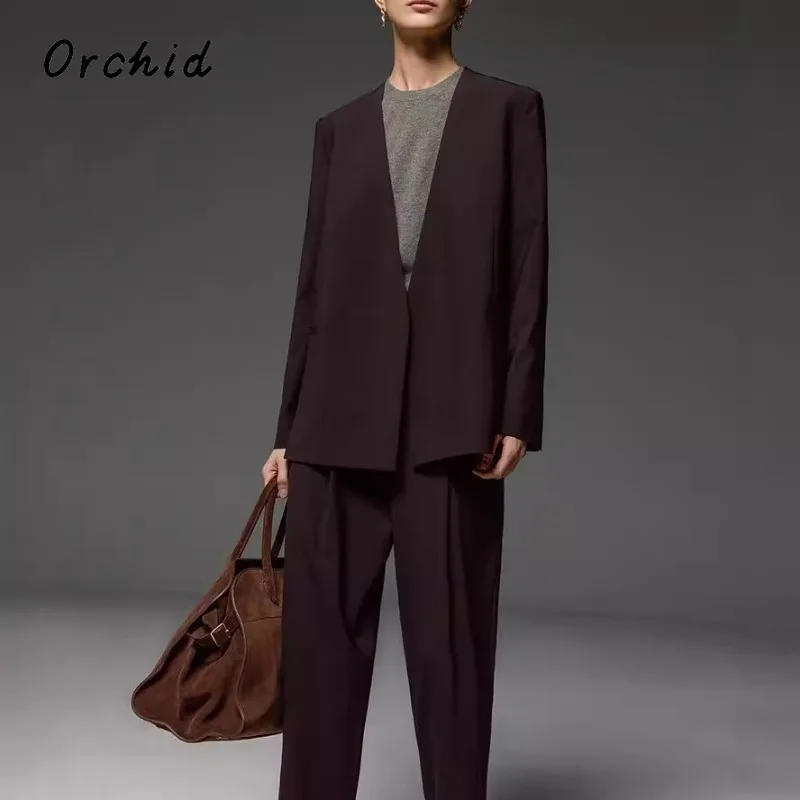 Blazer Normcore à manches longues et col cranté pour femme, Style Vintage, décontracté, bouton unique, col en v, manteau de couleur unie